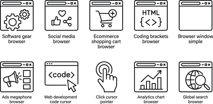 Set of line icons for web browser features including development coding shopping and social media connectivity.