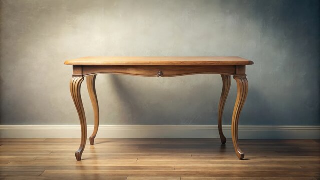 A Polished Wooden Table with Elegant Curved Legs Against a Textured Wall in a Room with Hardwood Flooring