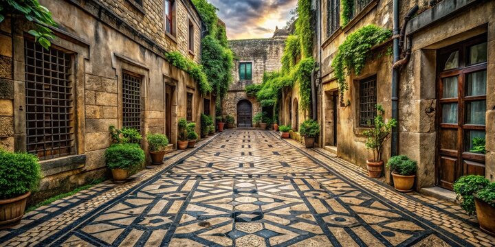 A sun-drenched, secluded alleyway with ornate stone paving, flanked by aged buildings, overgrown with vibrant green vines, and adorned with potted plants.