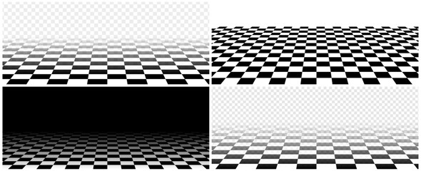 Chess board background with perspective floor view. Classic checkerboard pattern forms collection for game thinking and competition. Vector planning and intellectual concept design set © Sensvector