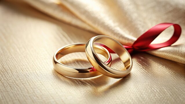 Golden Wedding Bands Resting on Luxurious Fabric with a Crimson Ribbon