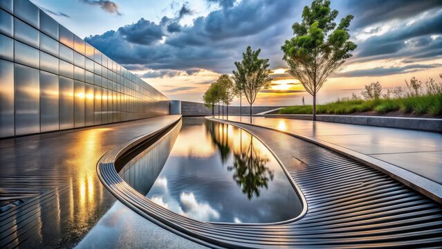Serene Sunset Reflection in a Modern Architectural Landscape with a Curving Water Feature and Lush Greenery