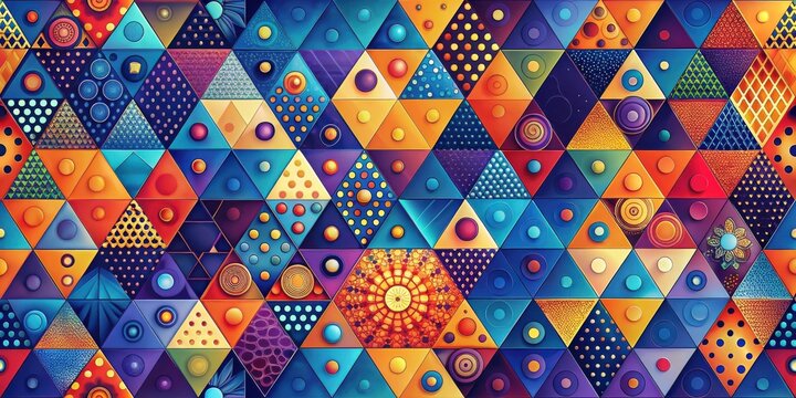 Vibrant Triangular Mosaic of Colorful Geometric Patterns and Textures Featuring Circles, Dots, and Intricate Designs