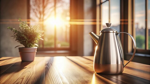 Warm morning sunlight streams through large windows illuminating a sleek metallic teapot and small potted plant on a rustic wooden table