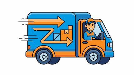 Fototapeta premium Cartoon delivery truck driver with packages and speed lines