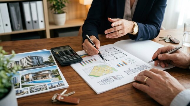 Real estate professionals reviewing property blueprints and financial plans for a new investment