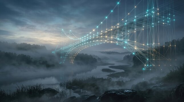 Intricate digital bridge of light and data spans a mystical foggy landscape, symbolizing