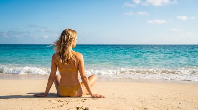 young woman on the beach , look from the back of young attractive blond woman sitting on the beach in summer sunbathing in yellow bikini