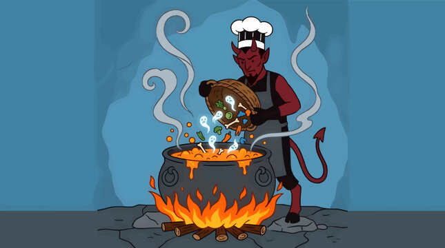Devil Chef Adding Spectral Souls and Ingredients to a Bubbling Cauldron Over a Campfire, Flat Vector Illustration with Smoke and Fire Elements, Spooky Halloween Theme