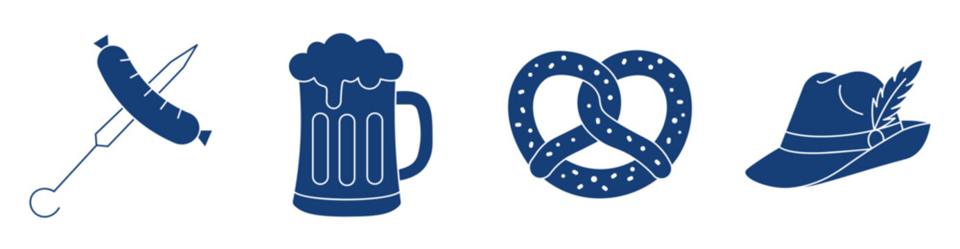 Oktoberfest icon set with beer mug pretzel german sausage and alpine hat isolated on white background