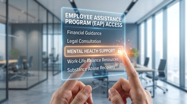 Digital interface displaying employee assistance program options with glowing text in a modern professional office setting