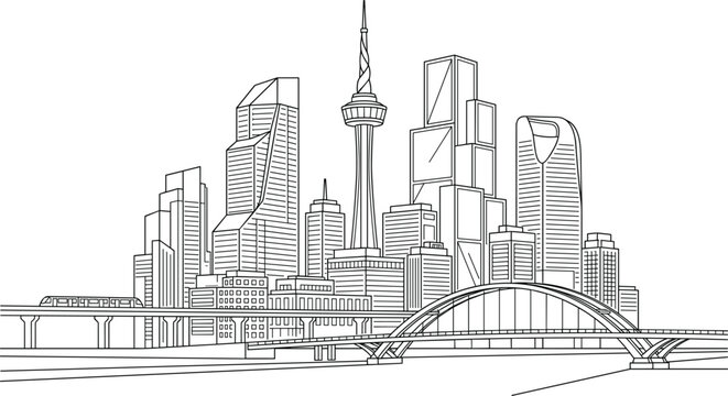 Modern city skyline line art illustration with skyscrapers tower bridge and elevated train transit system