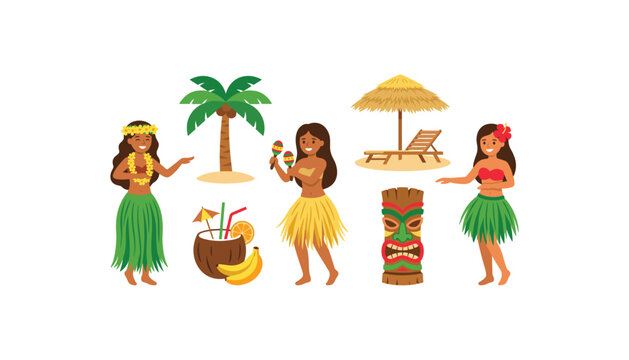 Hawaiian luau party vector character set featuring hula dancers palm tree tiki mask cocktail and beach straw umbrella