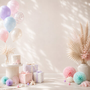 Elegant pastel birthday setting with cake on pedestal fluted column and balloons mockup
