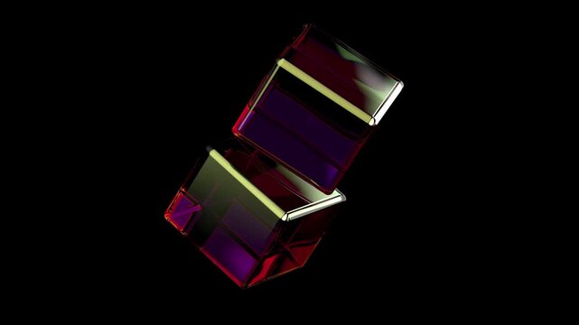 Two Rotating Glass Cubes with Neon Reflections on Black Background