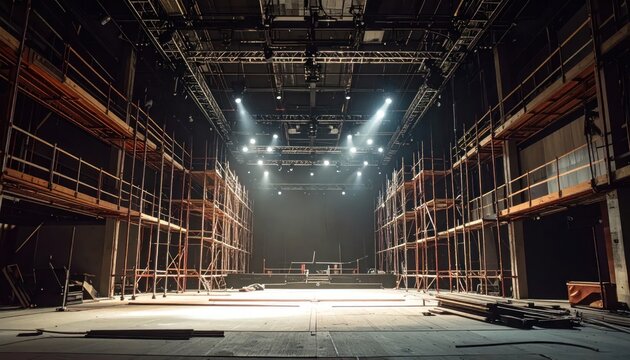 Empty theater stage under construction with scaffolding and lighting