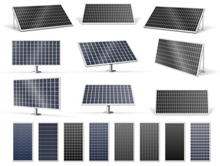Obraz premium Solar panels. Electricity technology and realistic power equipment. Rectangular photovoltaic systems on simple support frame and adjustable stand. Vector sustainable energy and environmental projects
