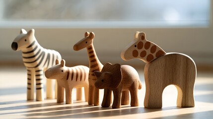 Obraz premium A row of minimalist wooden toy animals standing in sunlight on a smooth floor near a bright window