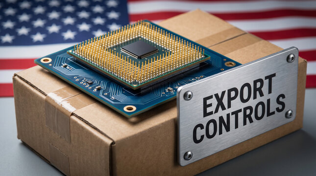 A high performance computer processor sits on a cardboard shipping box with export control labels