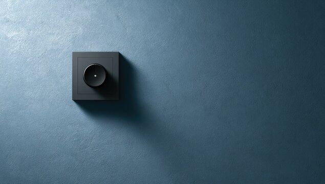 Minimalist dark gray knob on textured blue wall, casting shadow