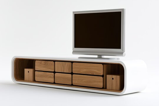 Modern white media console with wood drawers and flat-screen TV