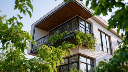 Fototapeta premium Modern house with lush greenery framing balcony, sunlit facade