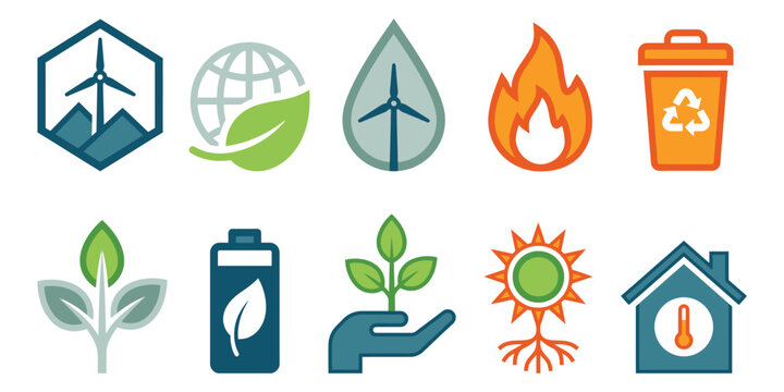 Ecology and Sustainability Vector Icons Featuring Wind Energy, Leaf, Water Drop, Recycling, Battery, Climate Change, and Eco Design Symbols.