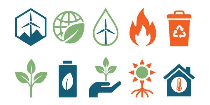 Ecology and Sustainability Vector Icons Featuring Wind Energy, Leaf, Water Drop, Recycling, Battery, Climate Change, and Eco Design Symbols.