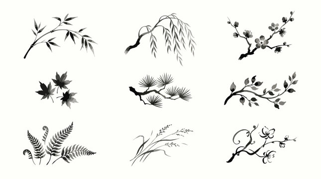 Set of hand drawn ink branches and leaves