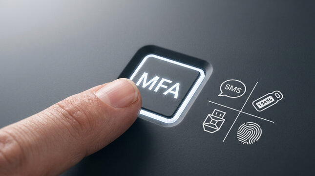 Human finger pressing a glowing mfa button to activate secure multi factor authentication for digital access