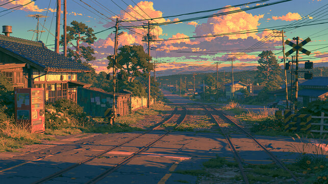 夕暮れの日本の田舎にあるアニメ調の踏切の風景