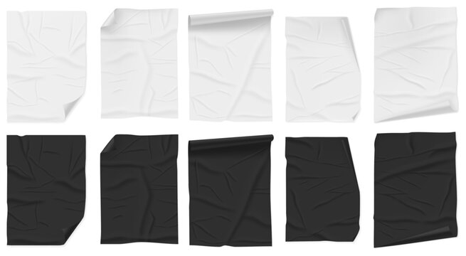 Glued paper sheets with curled corners and natural wrinkle textures. Parchments with rolled edge and adhesive attachment. Vector isolated monochrome pages with folded tips and subtle ripples