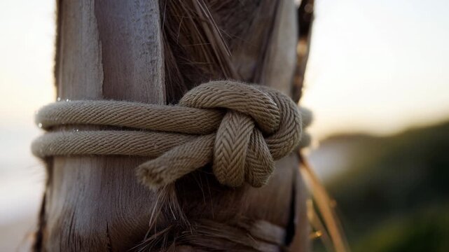 Braided beige rope tied in tight knot around weathered wooden post with warm backlight, textured fibers, natural grain, soft bokeh, rustic outdoor detail, close view, calm coastal mood
