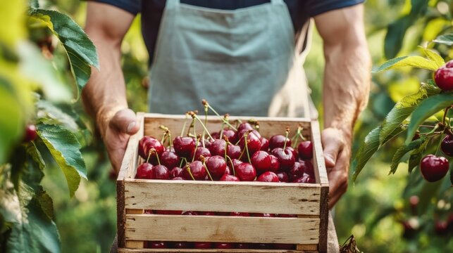 Adult man wearing apron holding a wooden crate overflowing with ripe sweet cherries in the garden