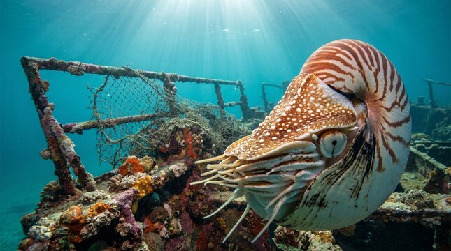 Nautilus swimming near underwater shipwreck with sun rays filtering through water
