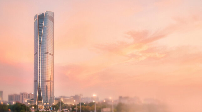 Modern skyscraper at sunset with pastel sky