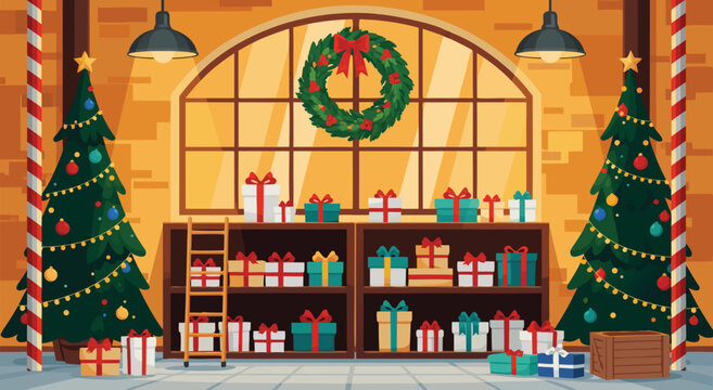 Festive Christmas Workshop Interior Scene Vector Illustration Design Featuring Decorated Fir Trees And Gift Boxes Stacked On Shelves 8