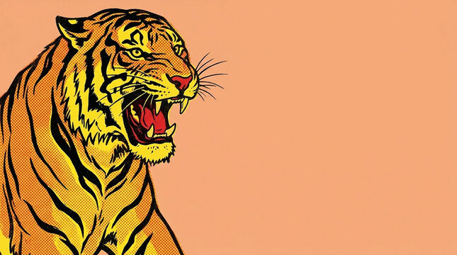 Roaring Tiger Pop Art Illustration on Orange Background