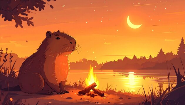 Capybara Sunset Chill by a Warm Campfire at the Riverside under a Crescent Moon in a Peaceful Nature Landscape Setting