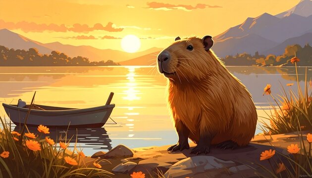 Capybara Sunset Chill by Serene Lake with Boat Nearby