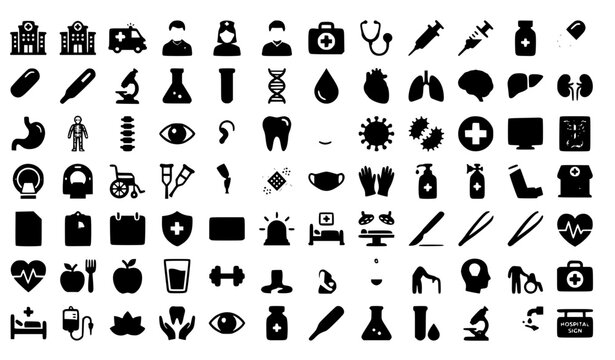 Healthcare and Medical Solid Icon Pack with Hospital Anatomy Pharmacy and Wellness Vector Collection