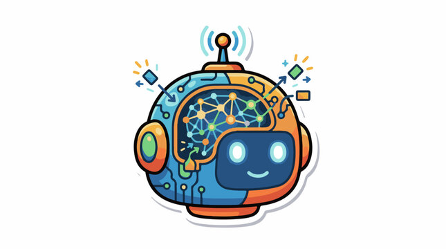 Cartoon robot head with a visible brain and circuit board design