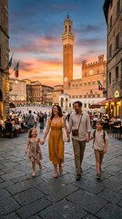 Obraz premium Happy family walking through Piazza del Campo in Siena Italy at sunset.