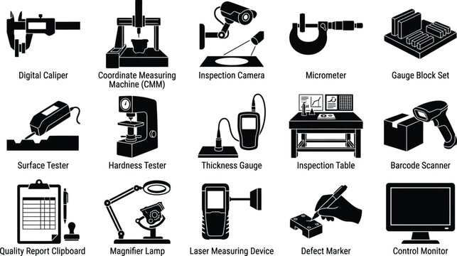 Premium black and white silhouette collection of quality control inspection tools and equipment