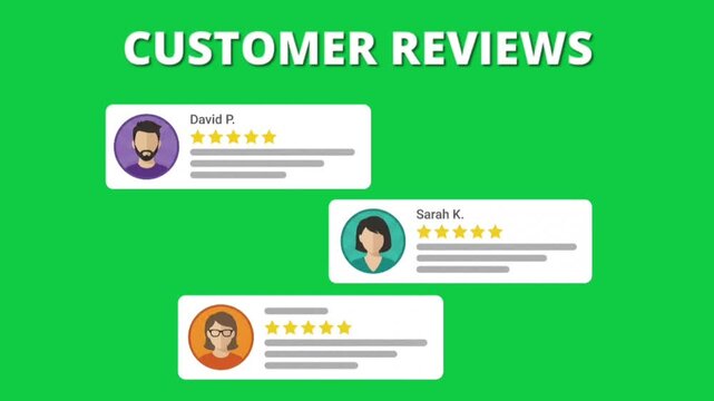 Animated customer review and testimonial interface featuring user rating cards on a green screen background; ideal for business promotions, e-commerce, marketing, SaaS