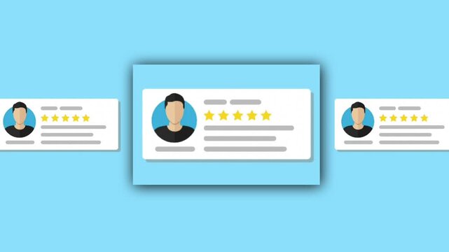 Animated Male Customer Review and Rating Cards with Testimonials, Ideal for Business Marketing, E-commerce, Website Interfaces, and Mobile Applications