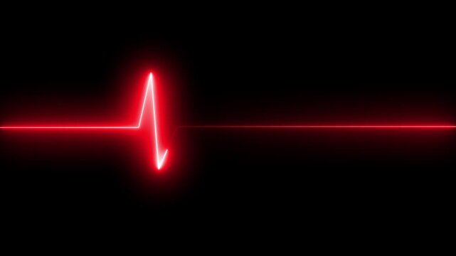 ECG heartbeat line glowing on a deep black background, with sharp pulse peaks and smooth flat  cardiograph oscilloscope screen, ECG cardiogram oscilloscope monitor heartbeat line 
