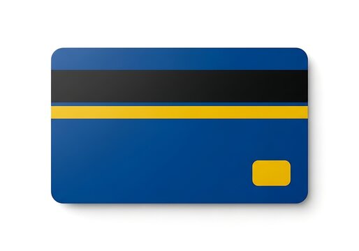 Blank blue financial payment card with a modern geometric stripe design and gold chip for secure electronic transactions and banking