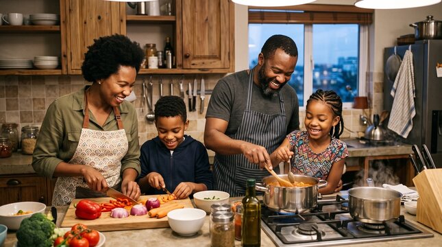 Happy African American Family Cooking Together In A Modern Kitchen