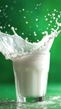 Milk splashes in a glass on a green background. Fresh milk drink, healthy eating, calcium, healthy breakfast. World Milk Day. Vertical video.